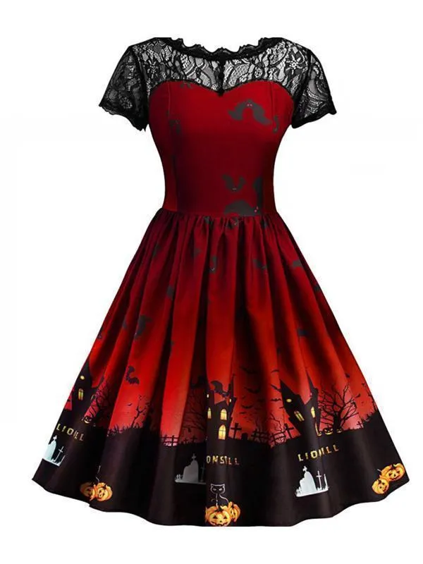 Halloween Lace Print Crew Neck Dress