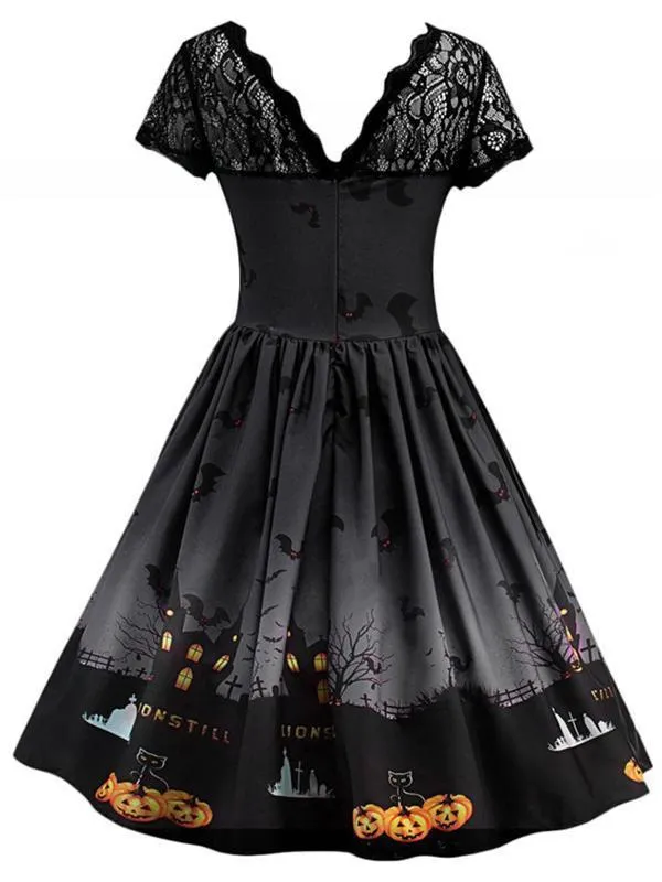 Halloween Lace Print Crew Neck Dress