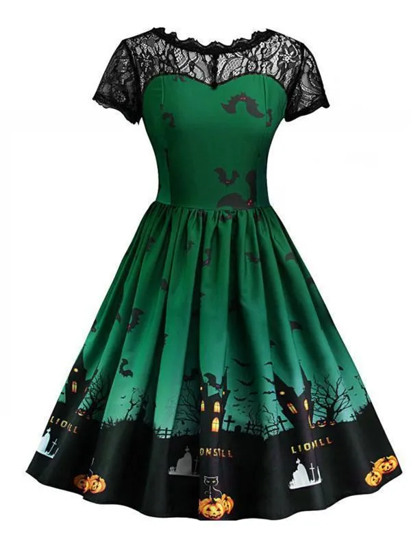 Halloween Lace Print Crew Neck Dress