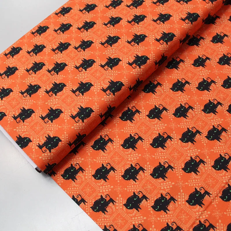 Halloween Printed Cotton - Lucky Black Cat - Orange