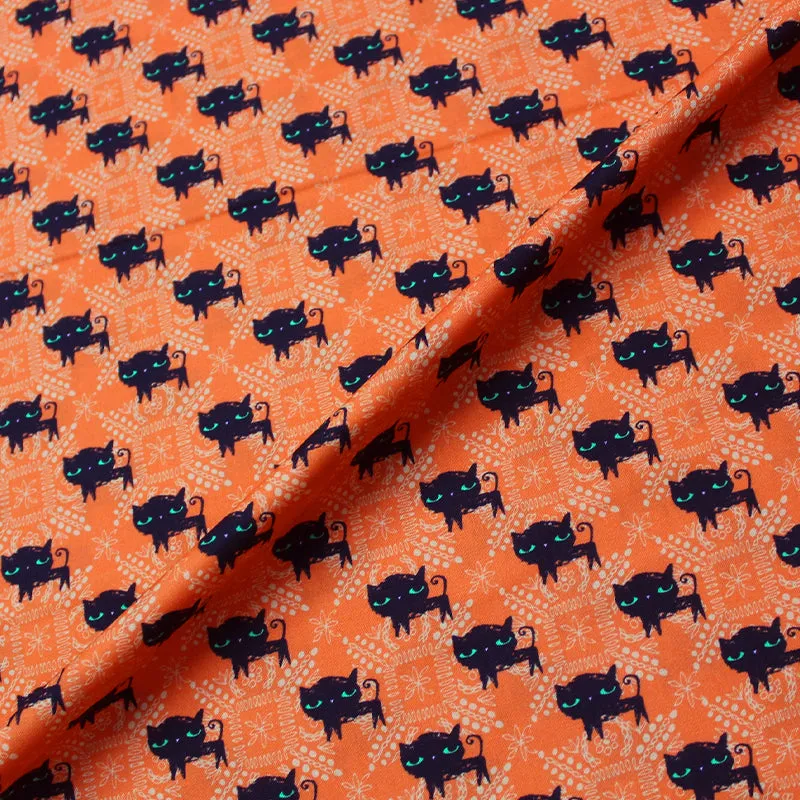 Halloween Printed Cotton - Lucky Black Cat - Orange