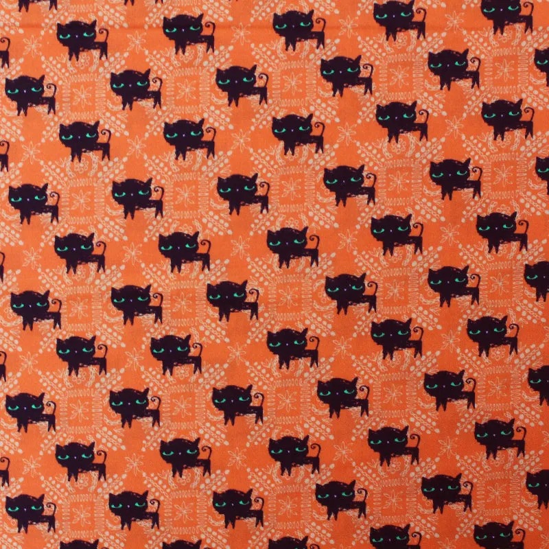 Halloween Printed Cotton - Lucky Black Cat - Orange