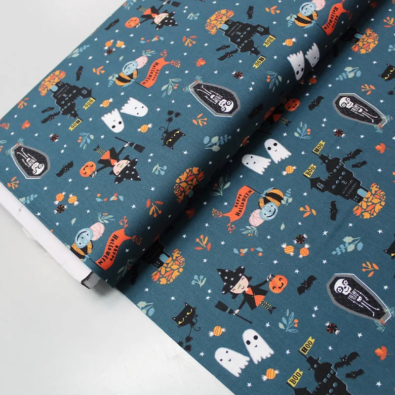 Halloween Printed Cotton - The Whole Gang - Blue