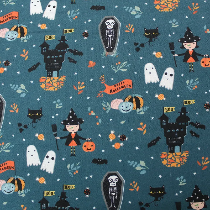 Halloween Printed Cotton - The Whole Gang - Blue