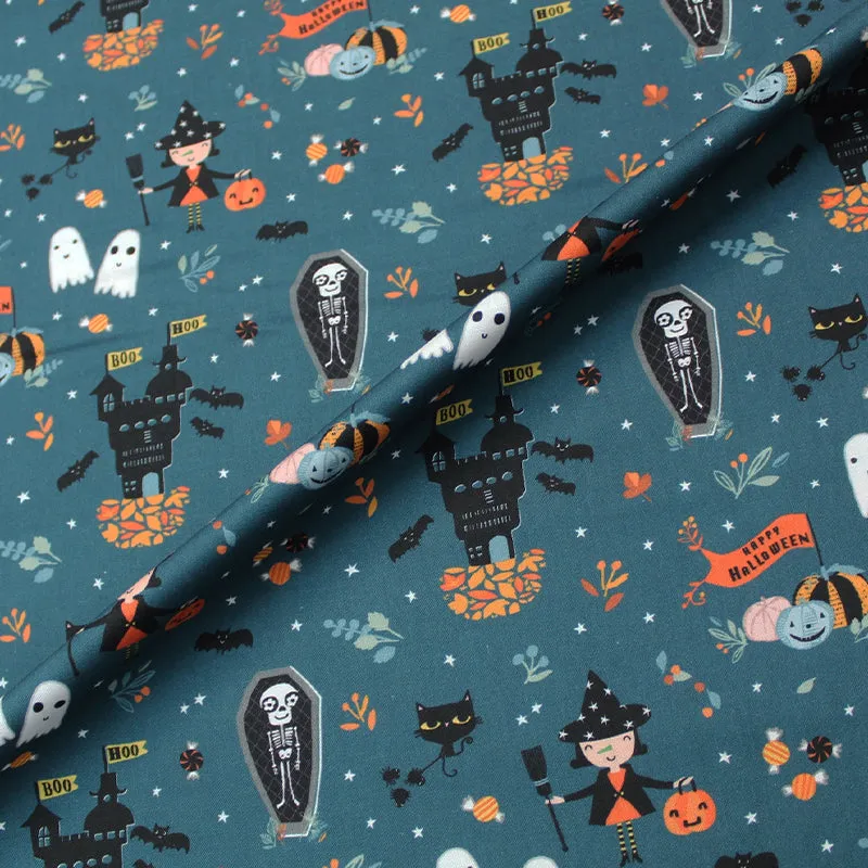 Halloween Printed Cotton - The Whole Gang - Blue