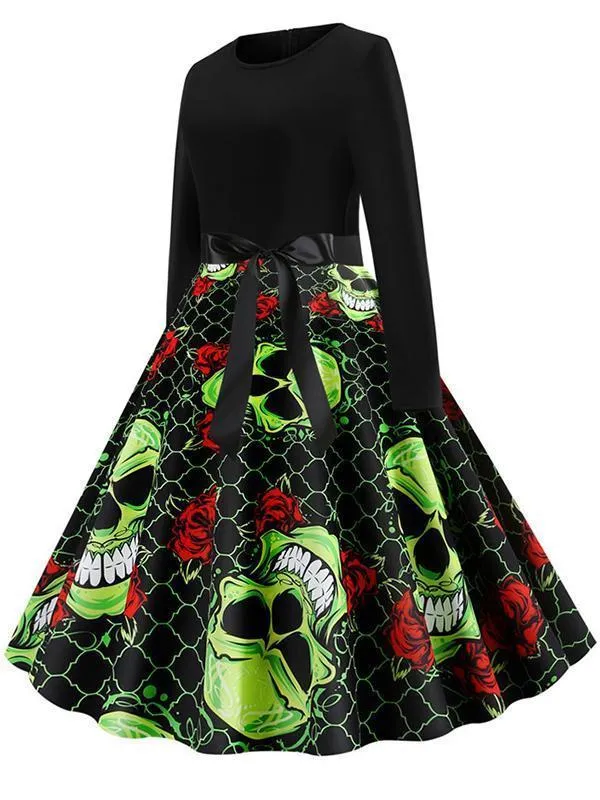 Halloween Pumpkin Skull Print Casual Dress