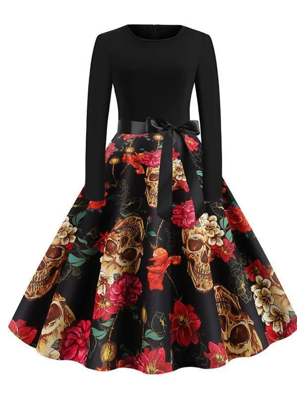 Halloween Pumpkin Skull Print Casual Dress