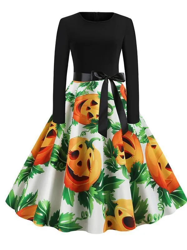 Halloween Pumpkin Skull Print Casual Dress