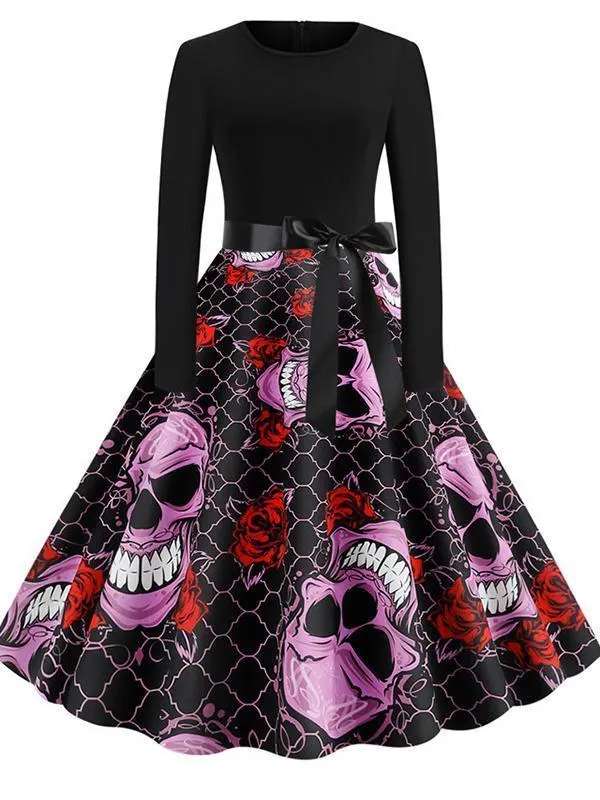 Halloween Pumpkin Skull Print Casual Dress