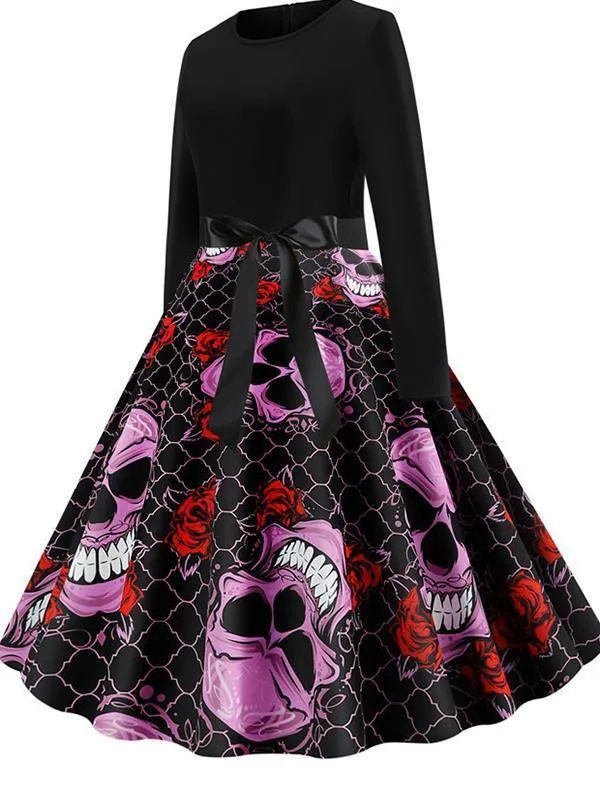 Halloween Pumpkin Skull Print Casual Dress