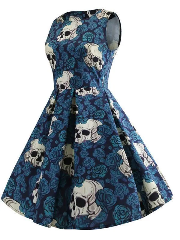 Halloween Skull Print Sleeveless Dress