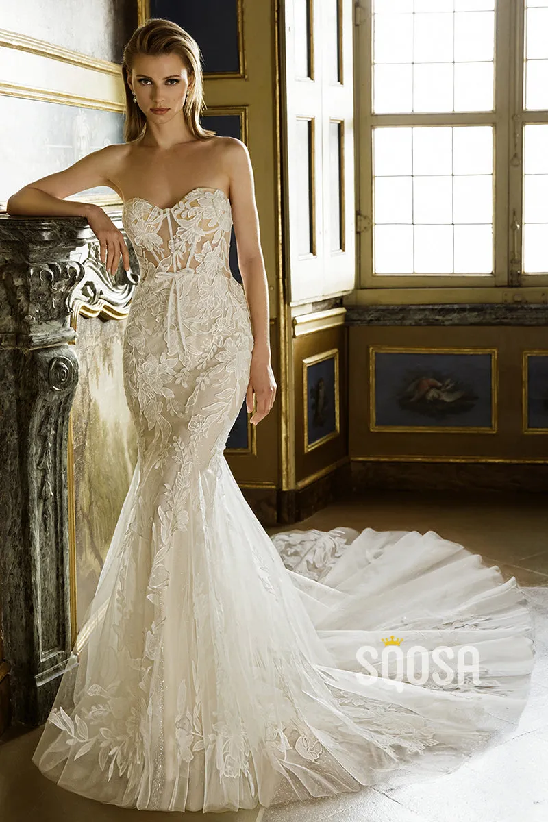 Illusion Mermaid Strapless Applique Sweep Train Wedding Dress Bridal Gowns QW8039