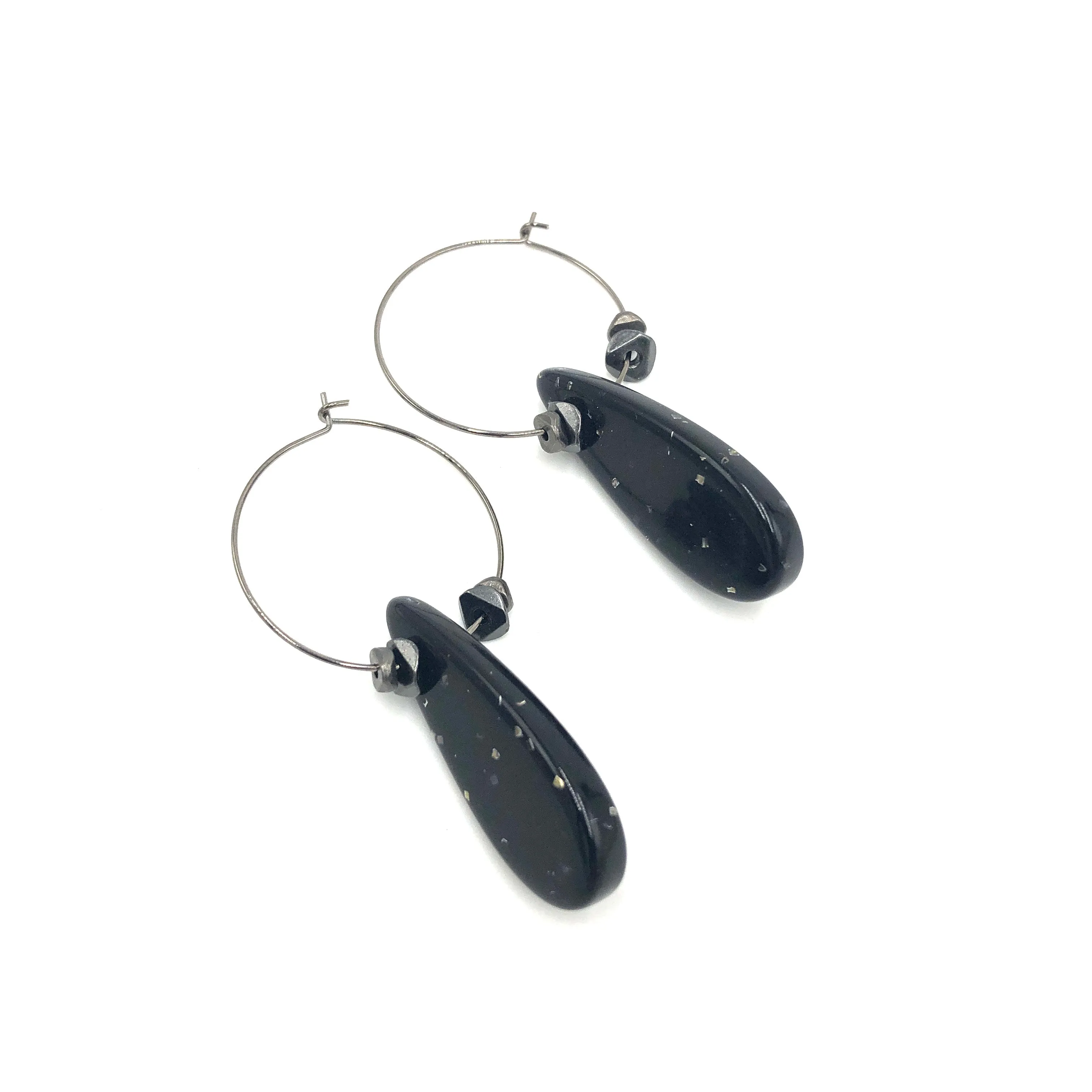 Jet Glitter Teardrop Hoop Earrings