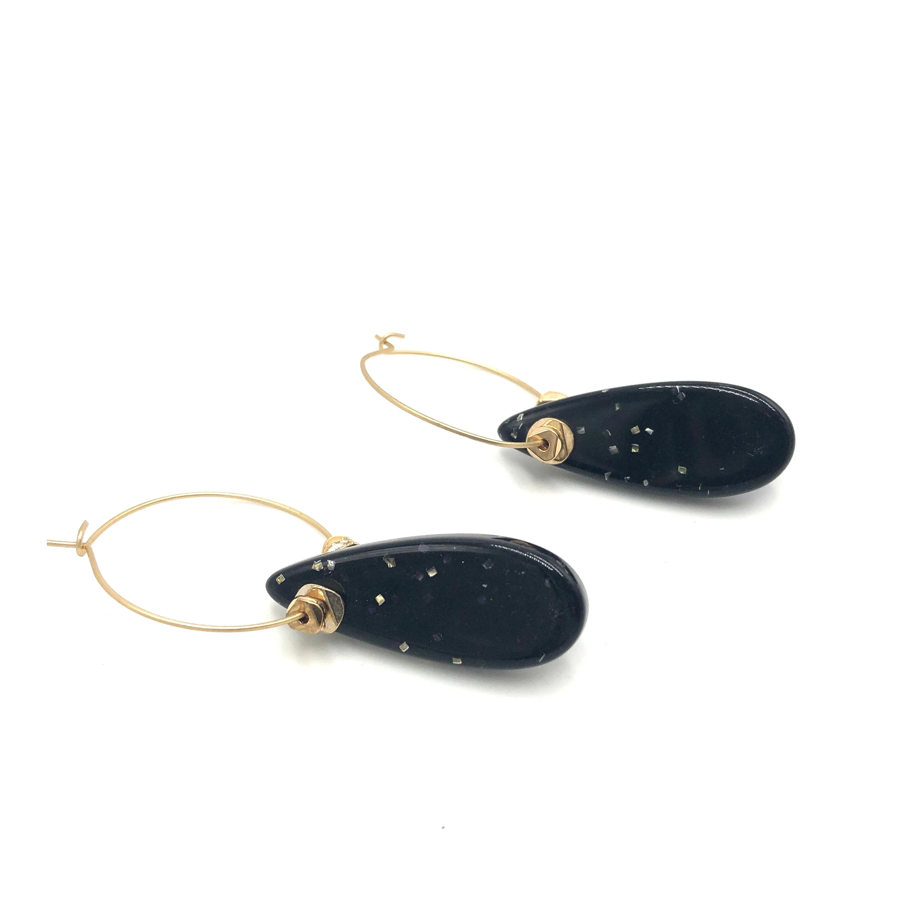 Jet Glitter Teardrop Hoop Earrings