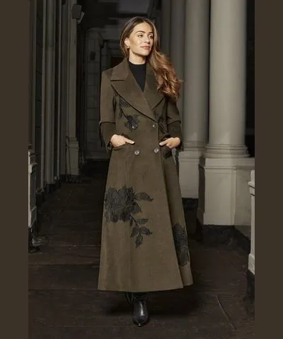 Karen Millen Lydia Millen Wool Blend Placed Lace Embroidered Flared Skirt Tailored Midaxi Coat