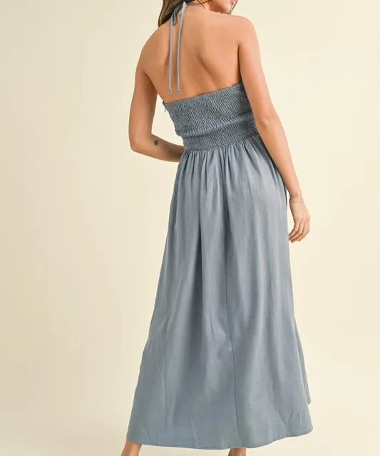 Knotted Front Halter Neck Dress - Blue