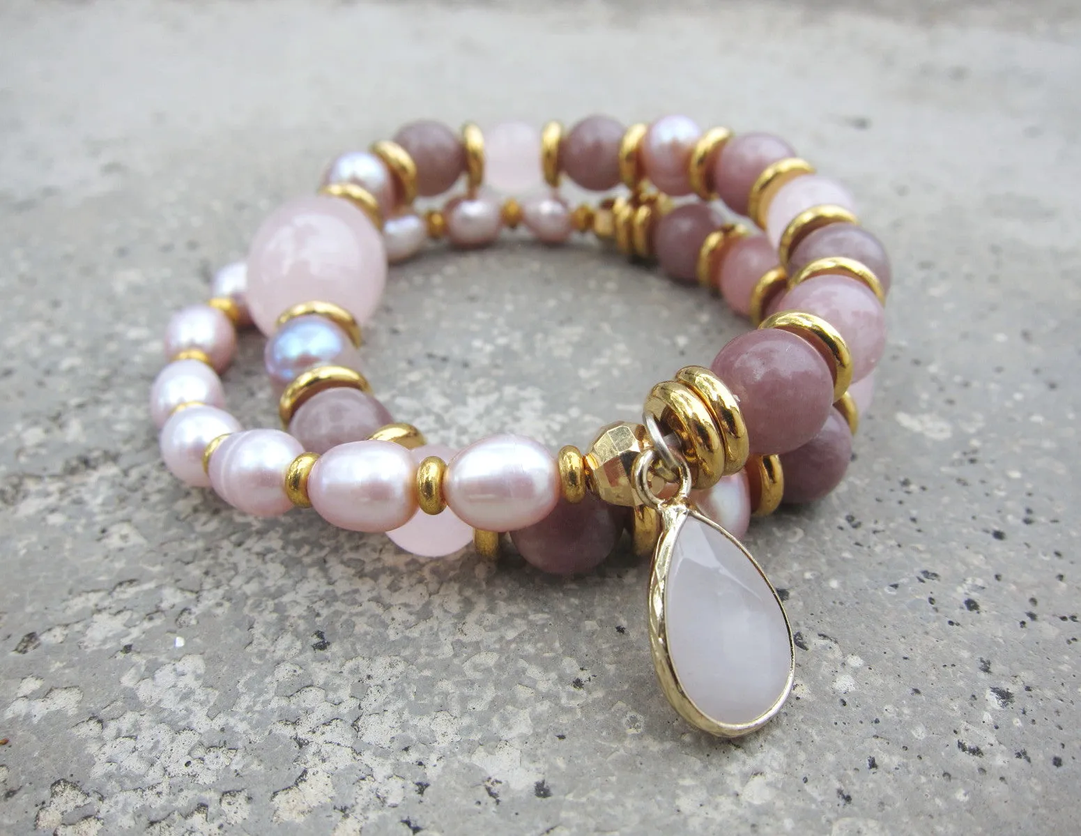 Lepidolite, Pink Freshwater Pearl Energy Wrist Mala Bracelet - 27 Bead Mala Bracelet