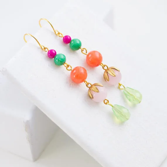 Long Coral and Mixed Bead Earrings