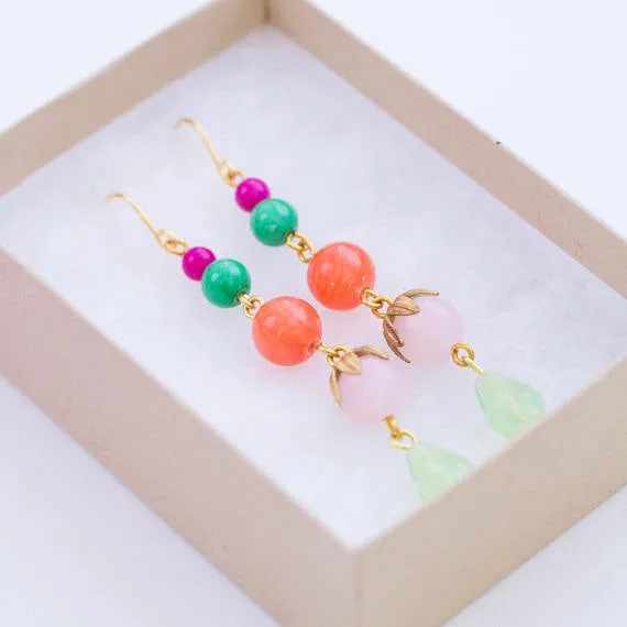 Long Coral and Mixed Bead Earrings