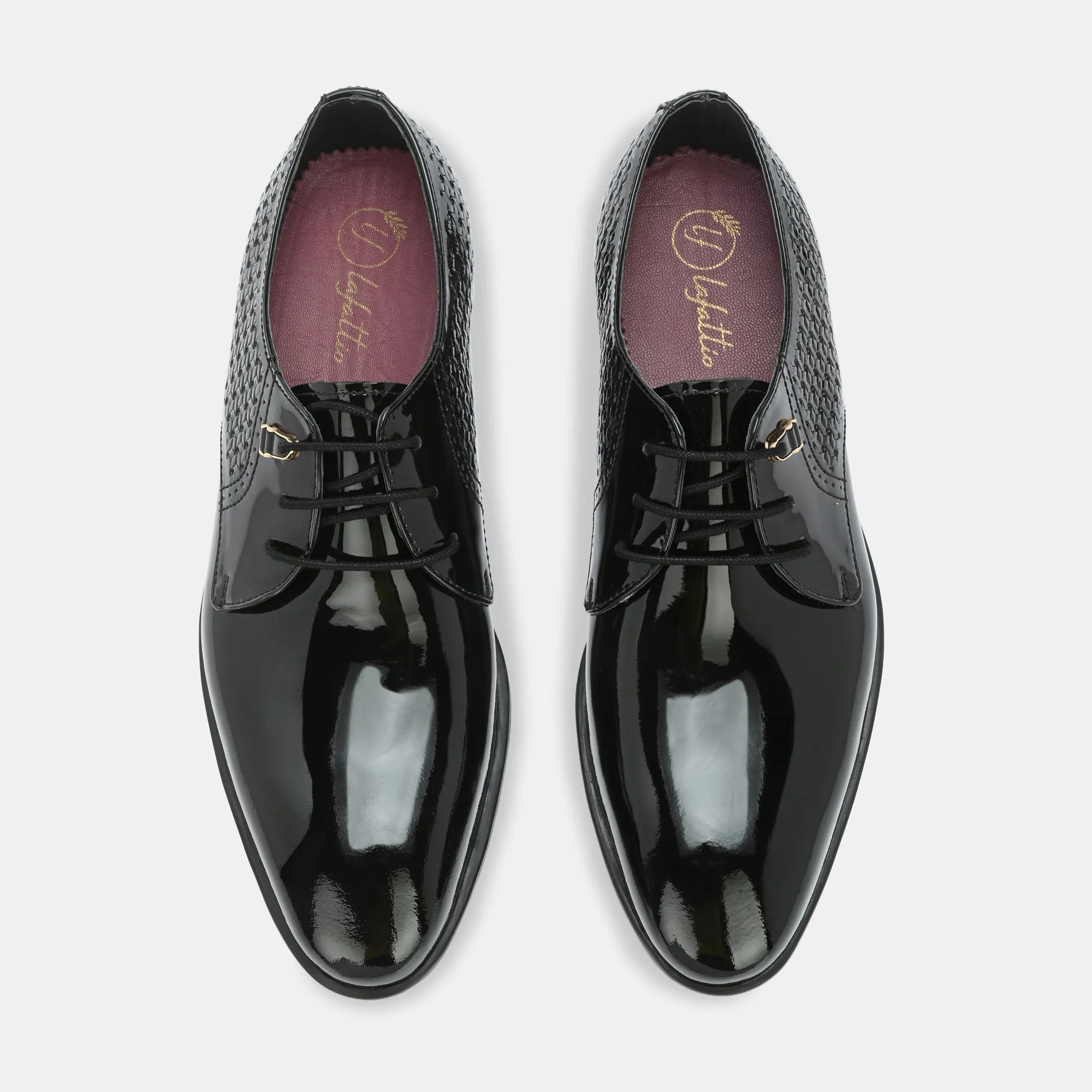 Patent Black Perforated Lace-Up Shoes by Lafattio