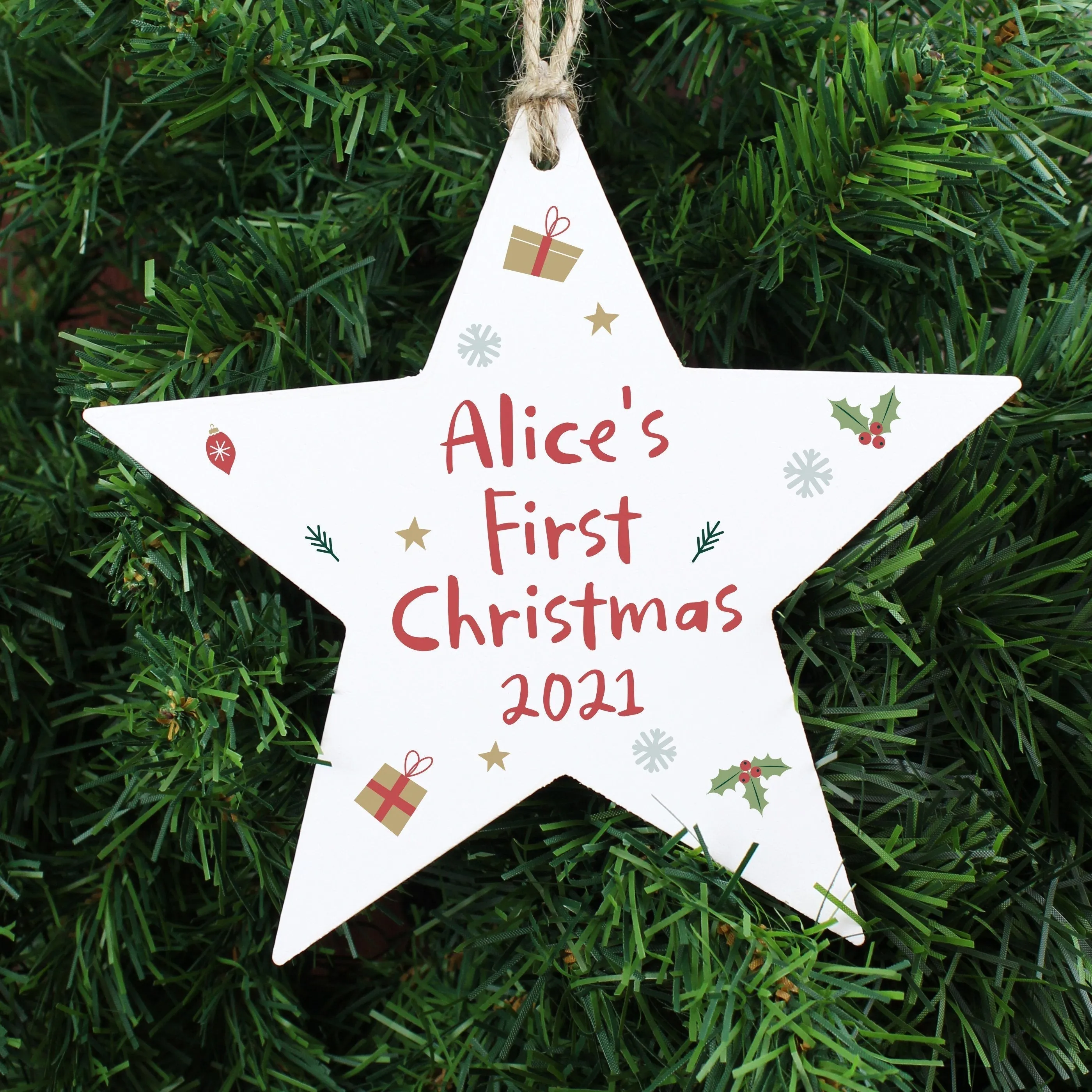 Personalised First Christmas Wooden Star Decoration