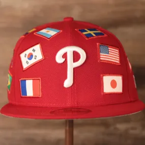 Phillies World Flags Gray Bottom Fitted Cap | Philadelphia Phillies International Flags Red Grey Under Brim Fitted Cap