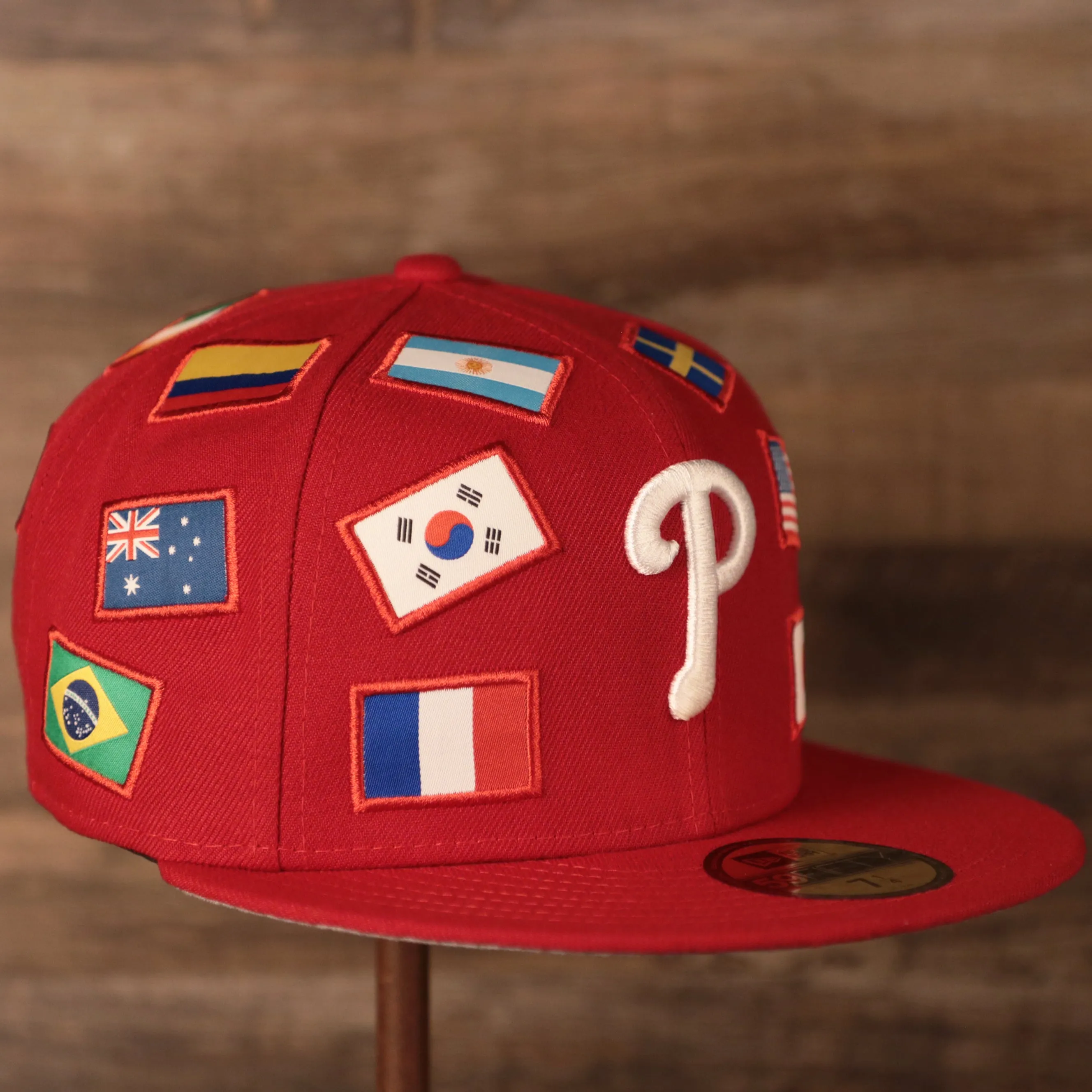 Phillies World Flags Gray Bottom Fitted Cap | Philadelphia Phillies International Flags Red Grey Under Brim Fitted Cap