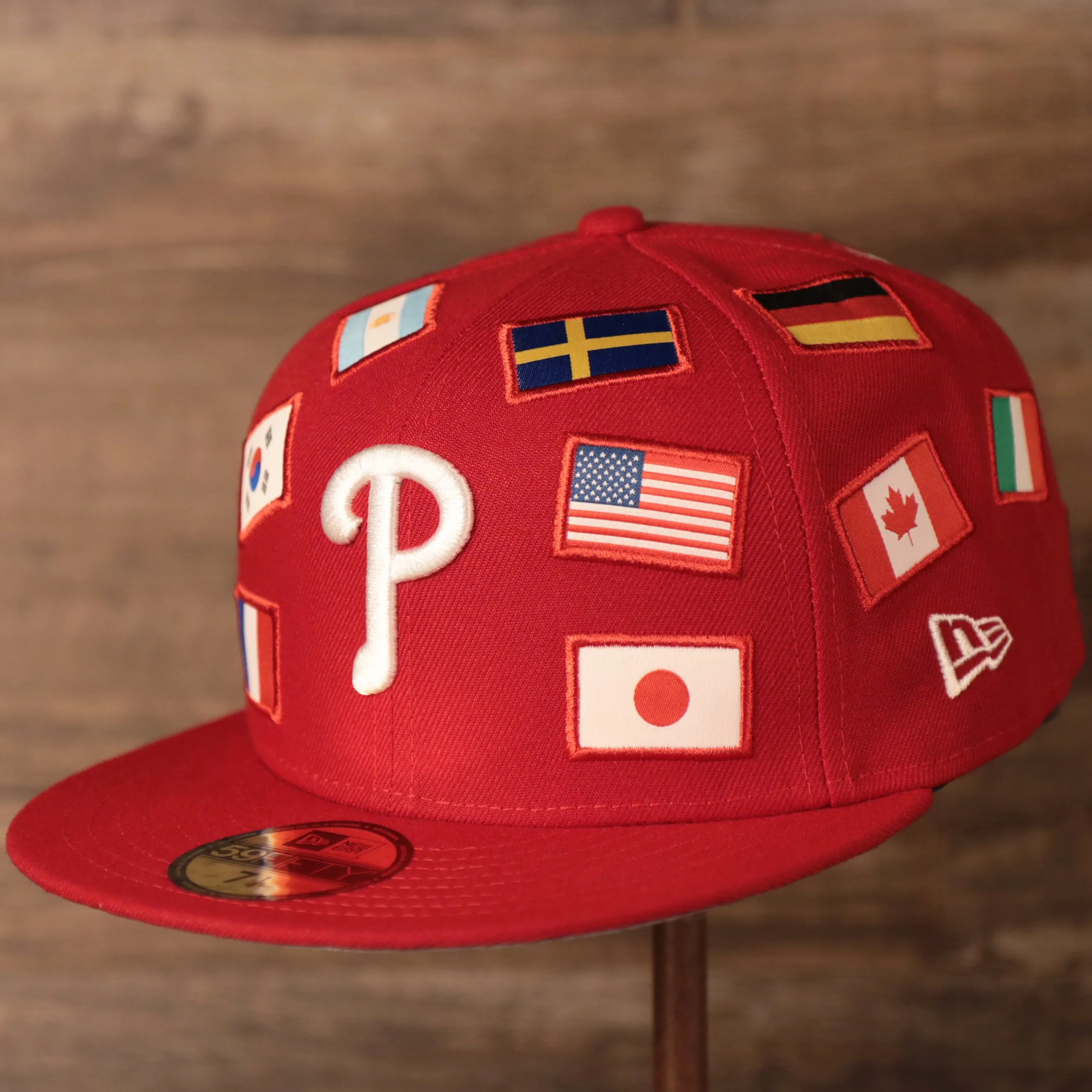 Phillies World Flags Gray Bottom Fitted Cap | Philadelphia Phillies International Flags Red Grey Under Brim Fitted Cap