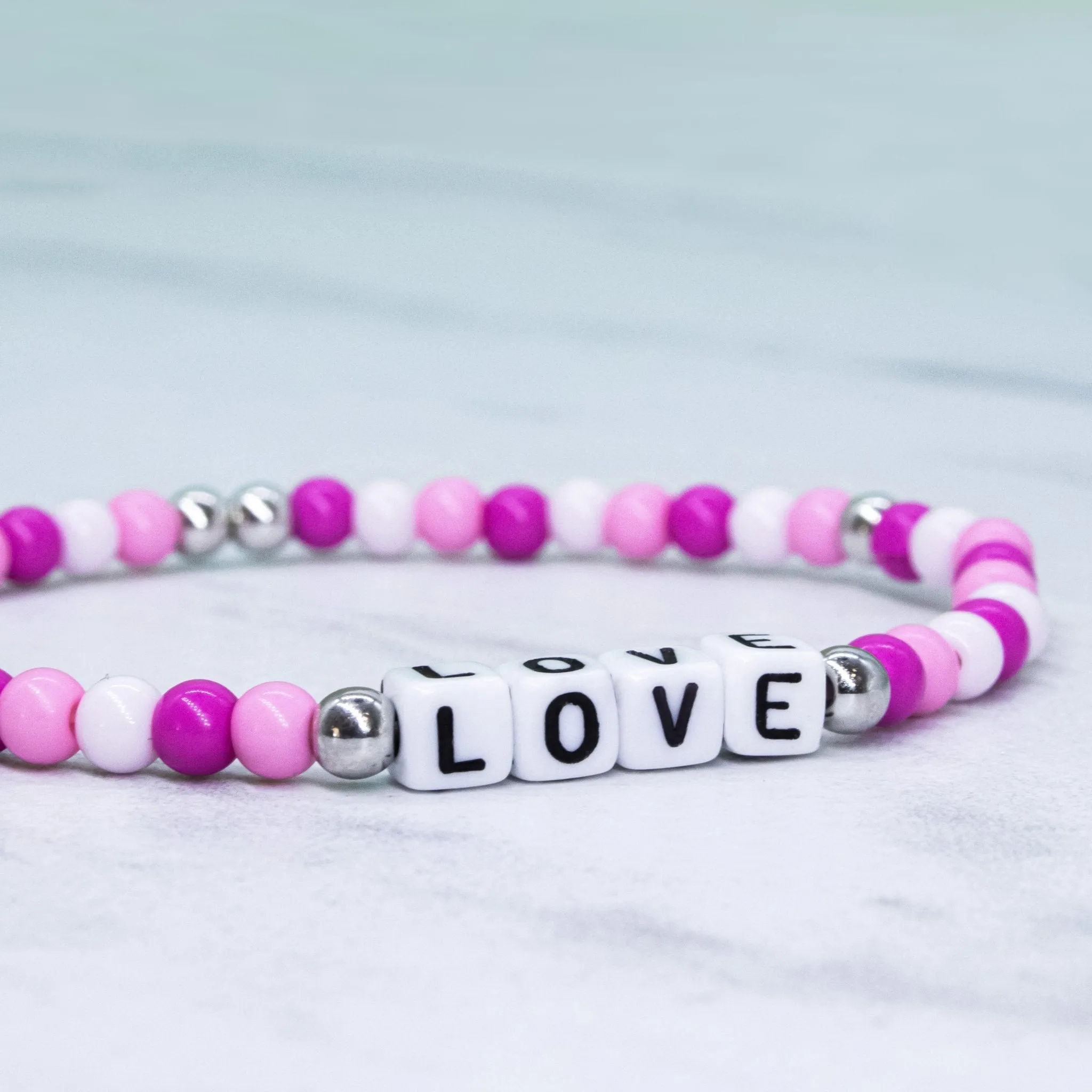 Pink Beaded Affirmation Word Bracelet - LOVE