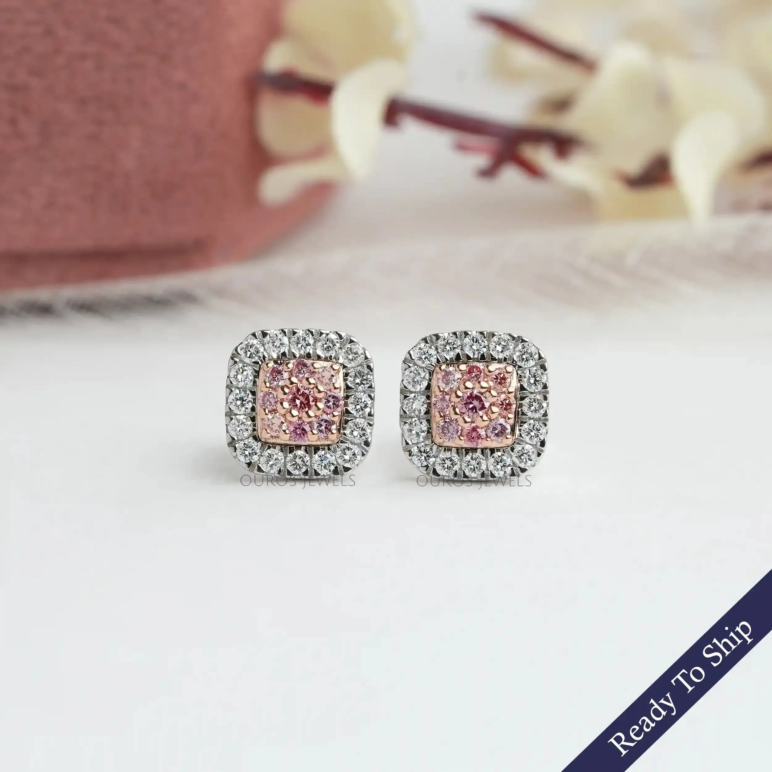 Pink Round Cut Lab Grown Diamond Halo Stud Earrings