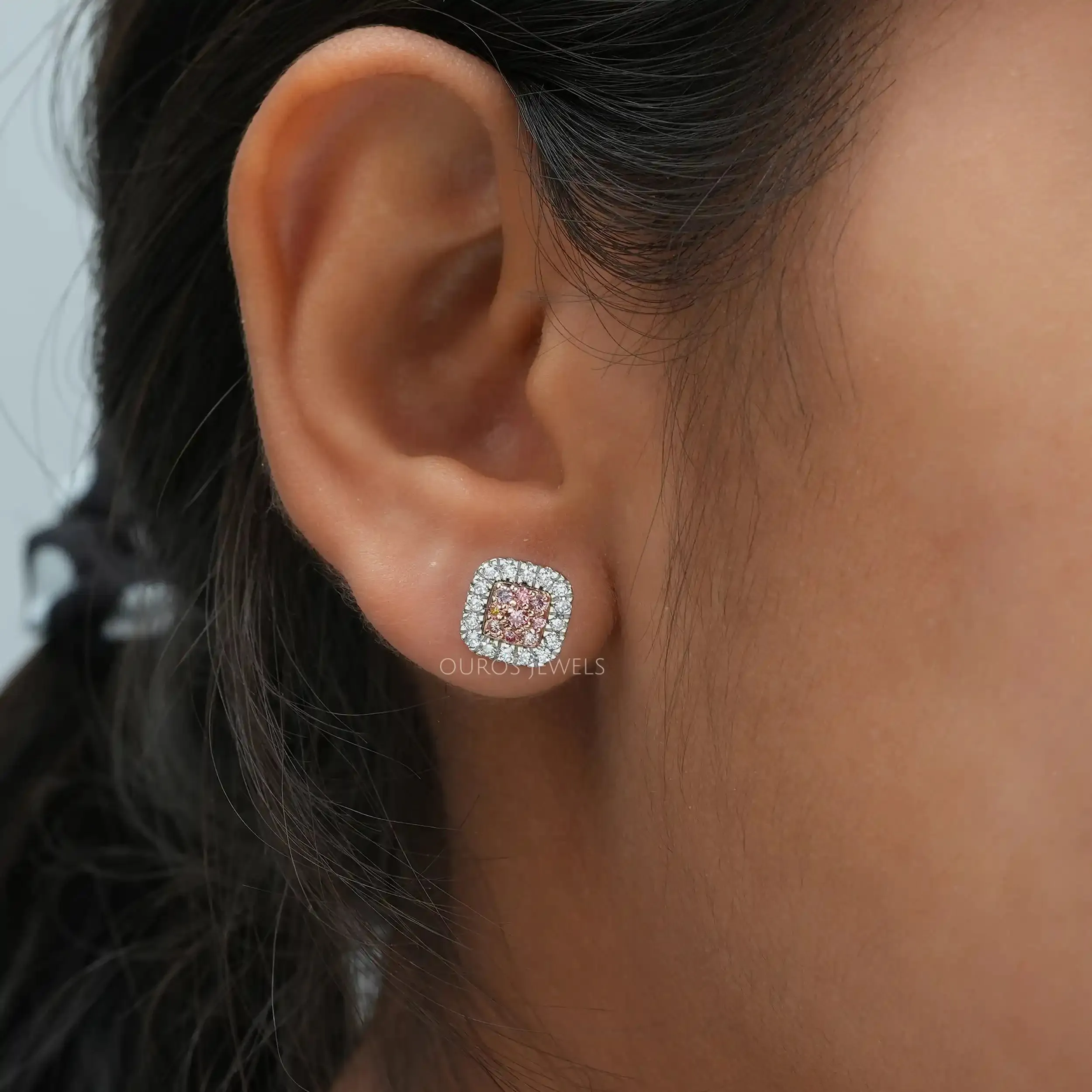 Pink Round Cut Lab Grown Diamond Halo Stud Earrings