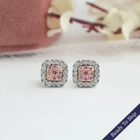 Pink Round Cut Lab Grown Diamond Halo Stud Earrings