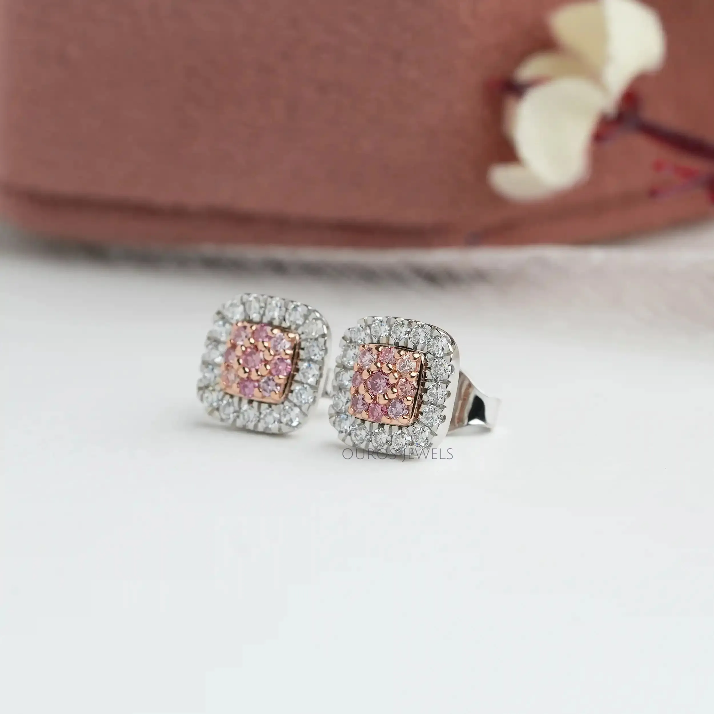 Pink Round Cut Lab Grown Diamond Halo Stud Earrings