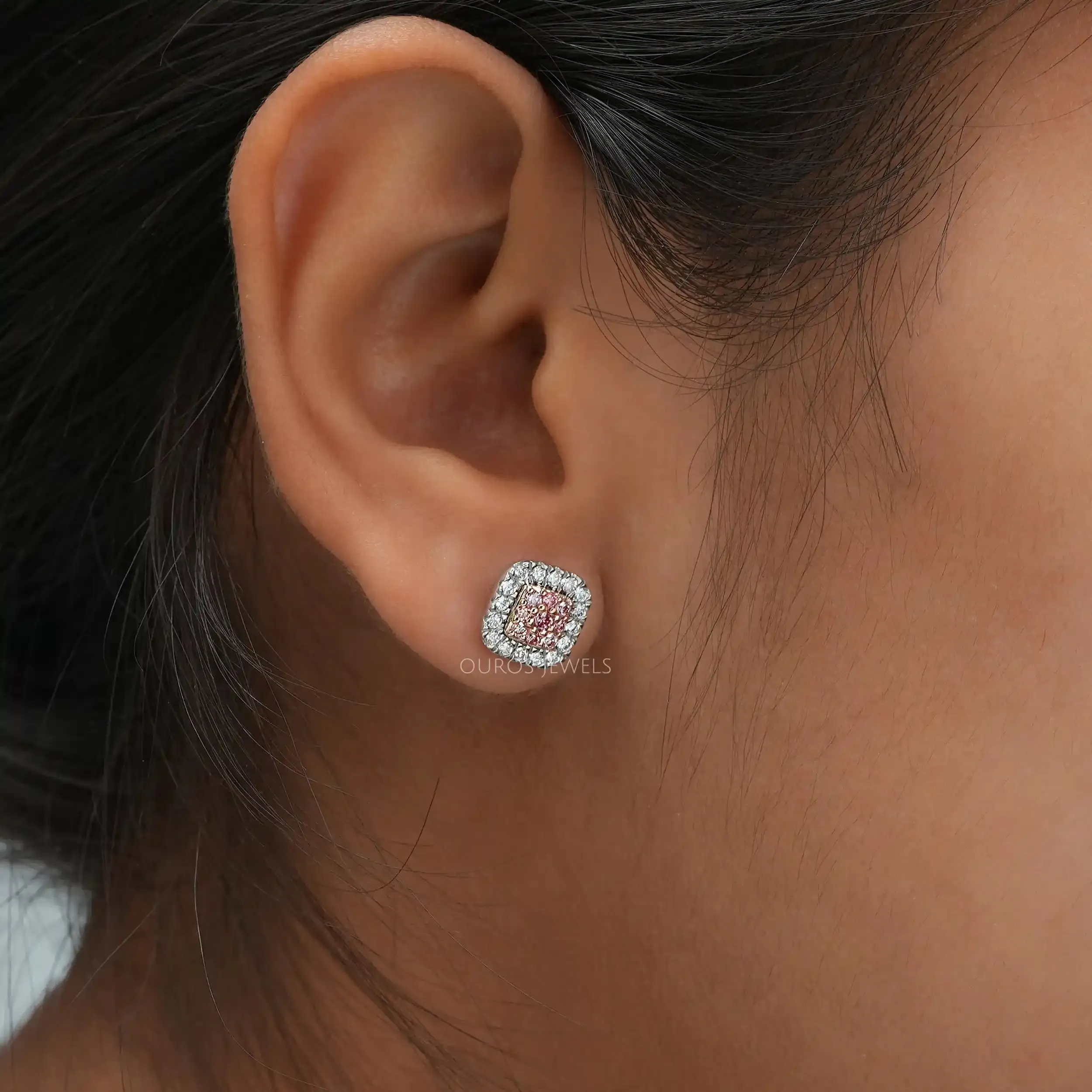 Pink Round Cut Lab Grown Diamond Halo Stud Earrings