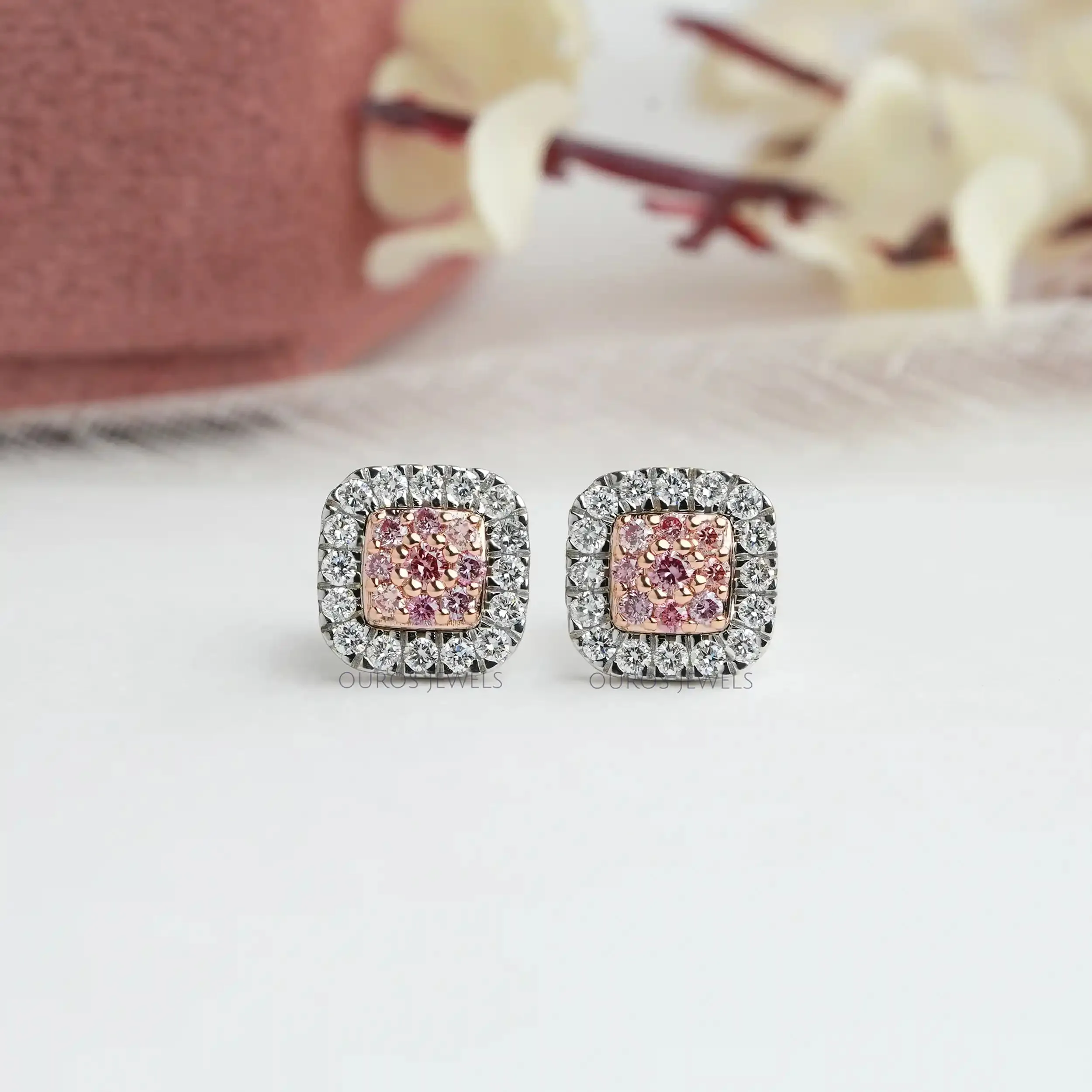 Pink Round Cut Lab Grown Diamond Halo Stud Earrings