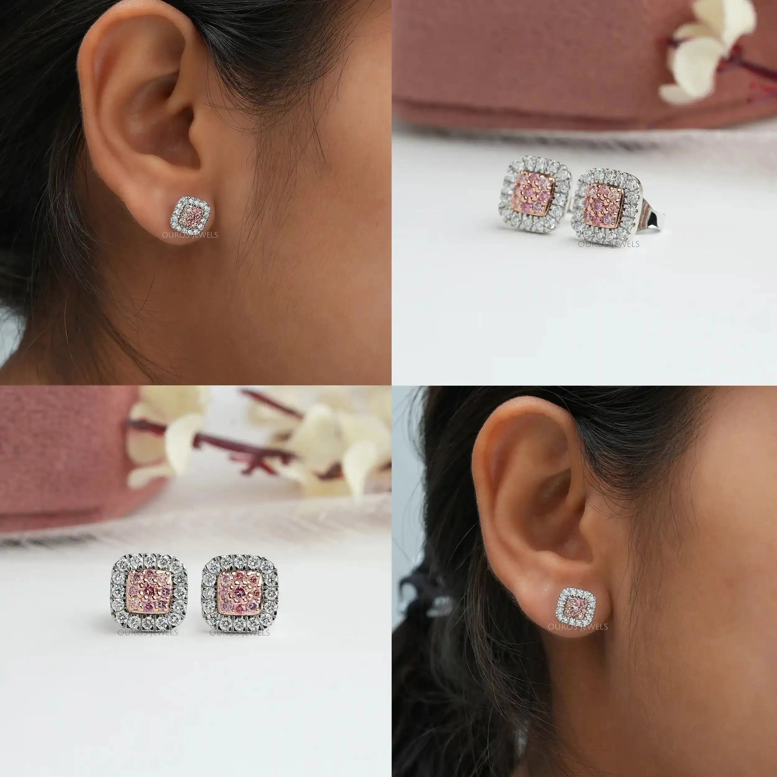 Pink Round Cut Lab Grown Diamond Halo Stud Earrings