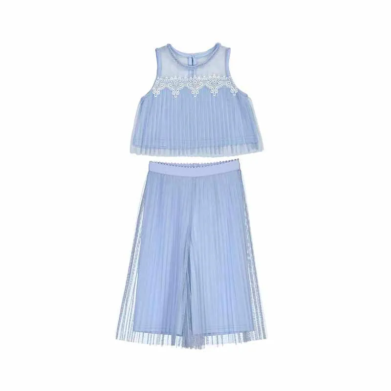 Pleated tulle pants set - Sky blue