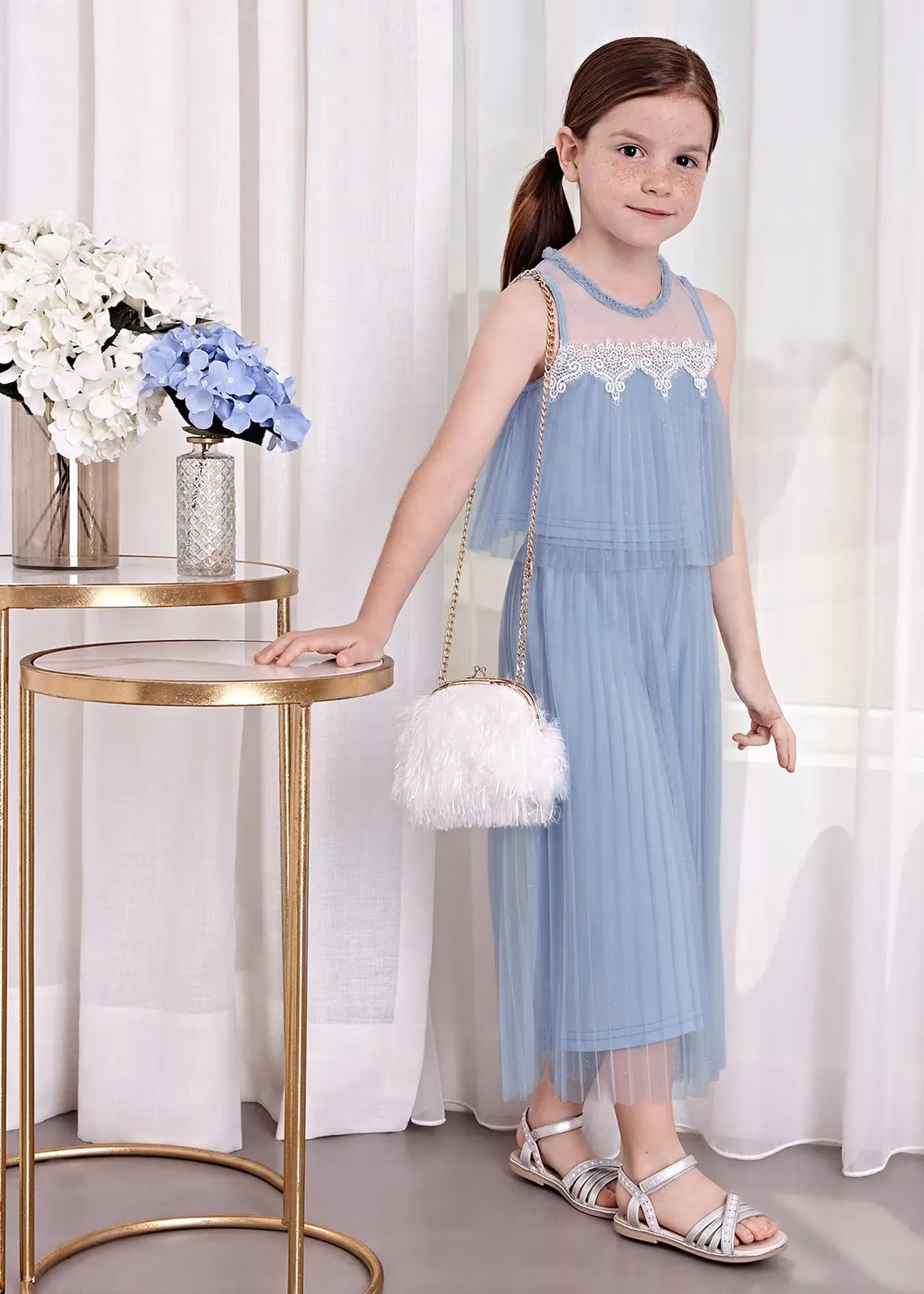 Pleated tulle pants set - Sky blue