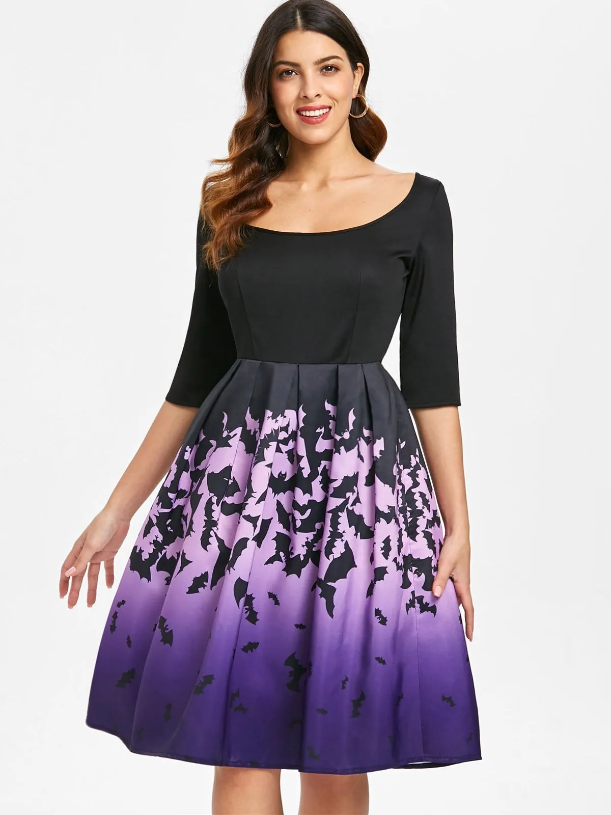 Purple 1950s Halloween Bat Swing Dress