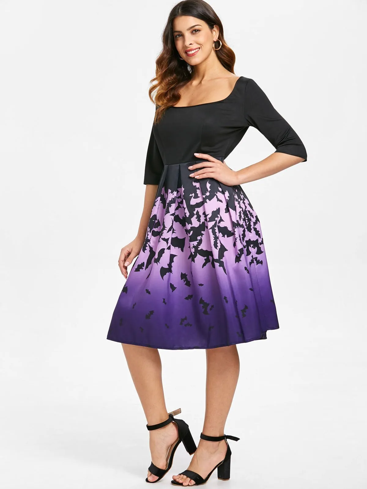 Purple 1950s Halloween Bat Swing Dress