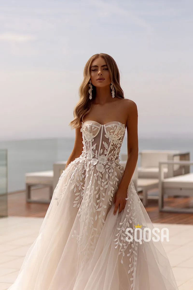 QW8021 - A-Line Strapless Appllqiue Sheer Wedding Boho Dress Bridal Gowns