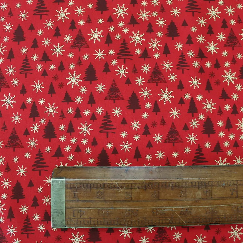 Red Christmas Cotton - Gold Snowflakes and Trees