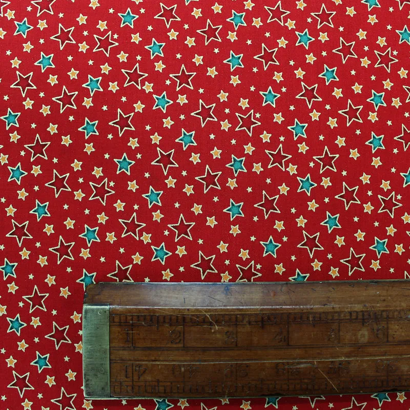 Red Metallic Christmas Cotton - Golden Stars