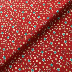 Red Metallic Christmas Cotton - Golden Stars