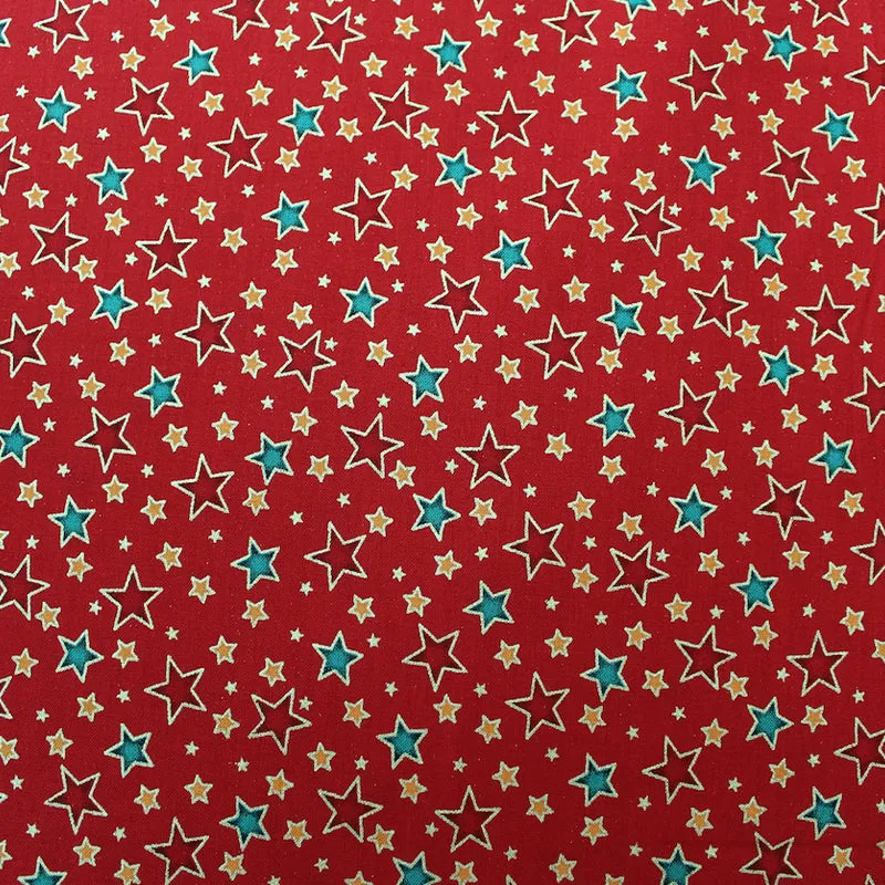 Red Metallic Christmas Cotton - Golden Stars