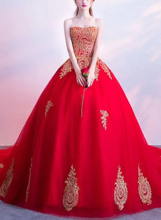 Red Sweetheart Tulle with Gold Lace Applique Prom Gowns, Party Dresses , Formal Gowns