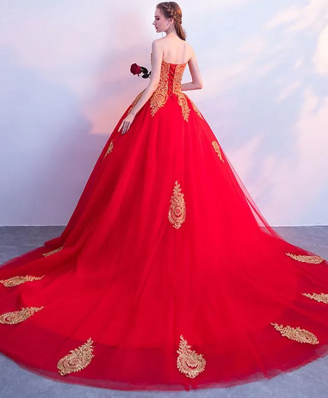 Red Sweetheart Tulle with Gold Lace Applique Prom Gowns, Party Dresses , Formal Gowns