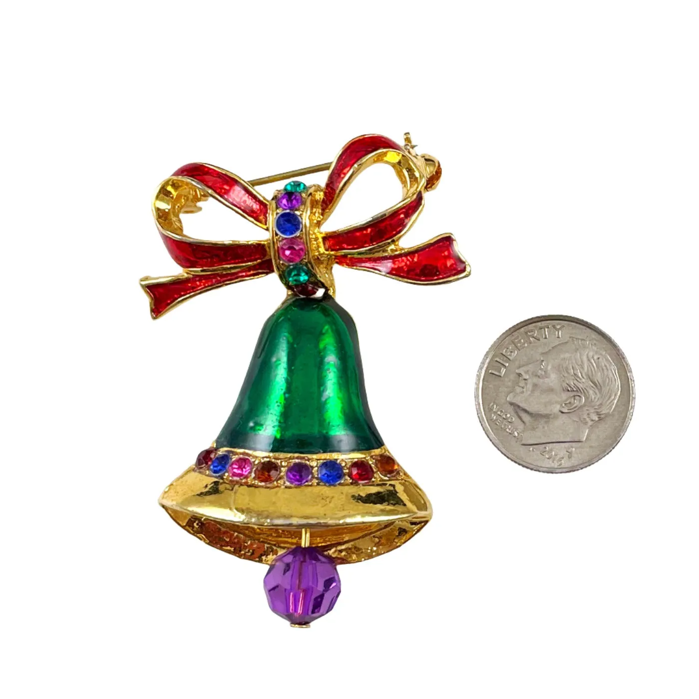 Rhinestone & Enamel Christmas Bell Brooch Vintage