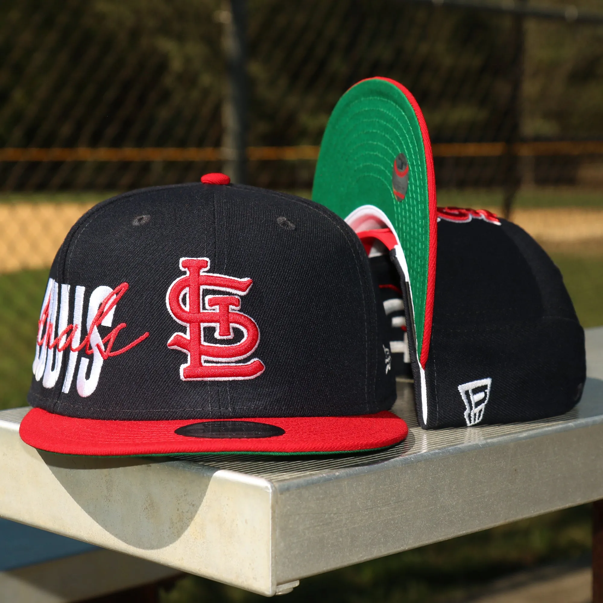 Saint Louis Cardinals MLB Side Font Green Bottom 9Fifty Snapback Cap | Black Snap Cap