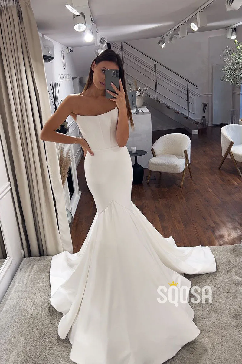 Simple Trumpet/Mermaid Strapless Satin Wedding Boho Dress Bridal Gowns QW8037